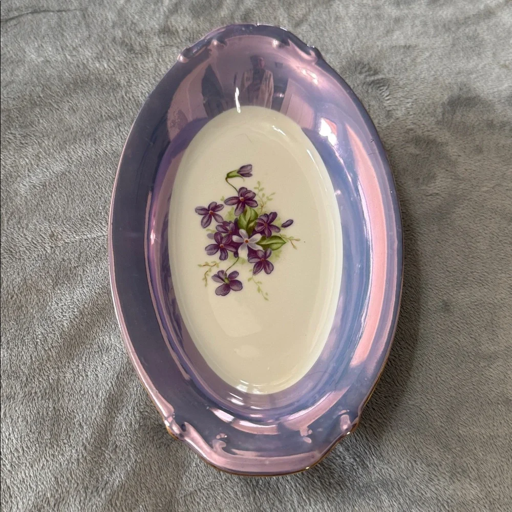 Vintage Norleans Blue Lusterware Oval Relish Dish‎ Painted Violets Iridescent